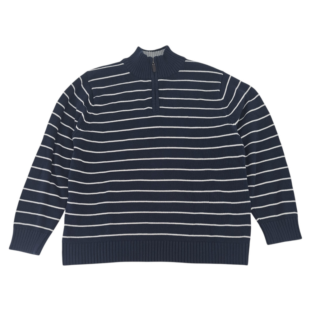 LL Bean 1/4 Zip 100% Cotton Sweater Blue White Striped Long Sleeve Men's Size XL